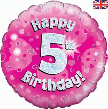 Oaktree 18inch Happy 5th Birthday Pink Holographic - Foil Balloons